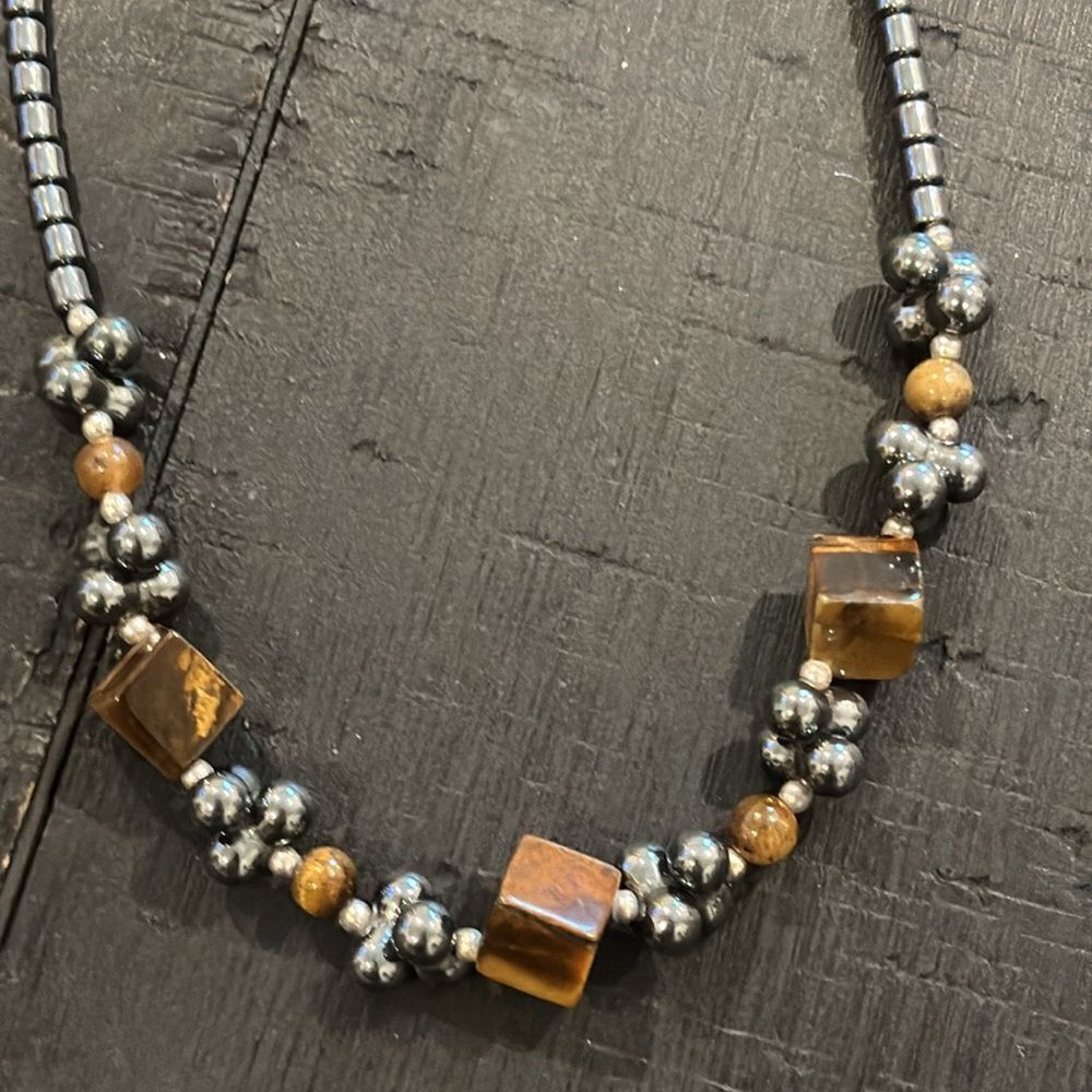Hematite & Tigers Eye Gemstone Beaded Necklace